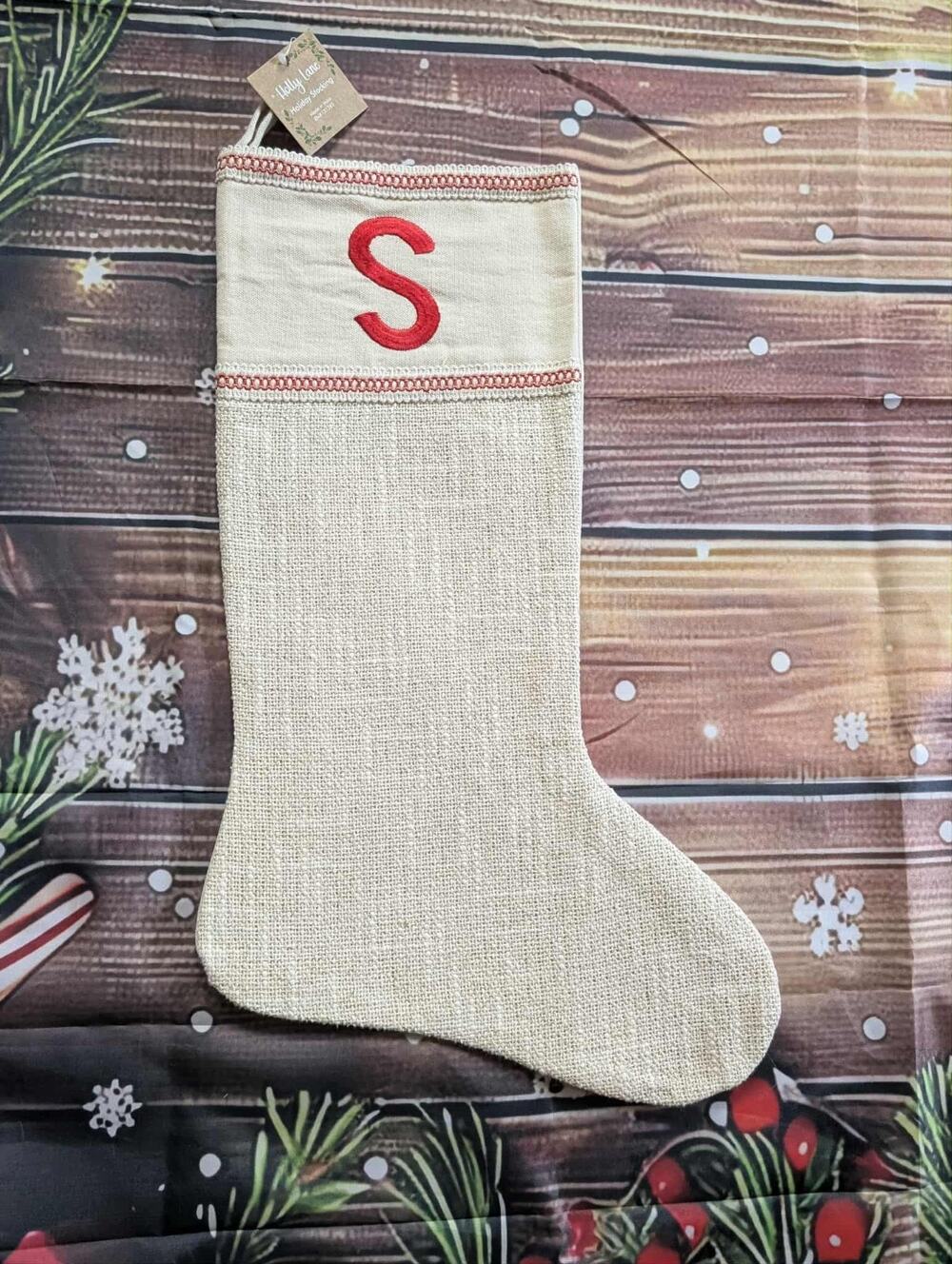 NEW Letter "S" Embroidered Beige Burlap Shimmer Christmas Stocking 20" Holiday